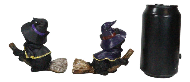 Halloween Black Cats With Witch Hat and Cape On Magical Broomstick Figurines Set
