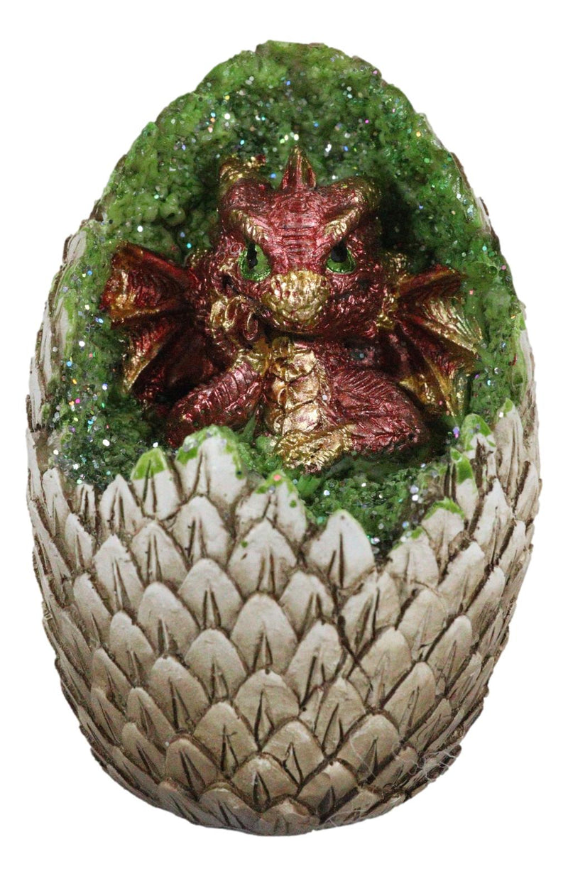 Red Thinker Baby Dragon In Faux Crystal Geode Scaly Egg LED Night Light Figurine