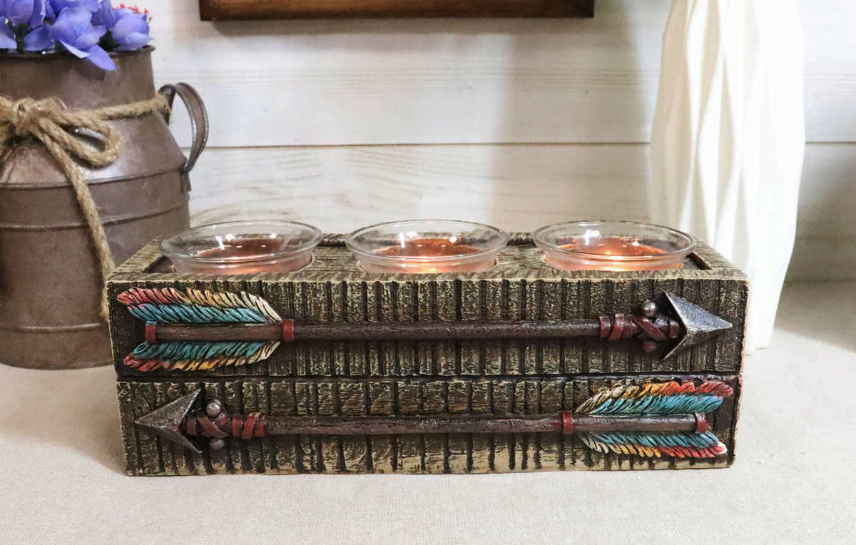 Southwestern Native Indian Turquoise Feather Arrows 3 Votives Candle Holder