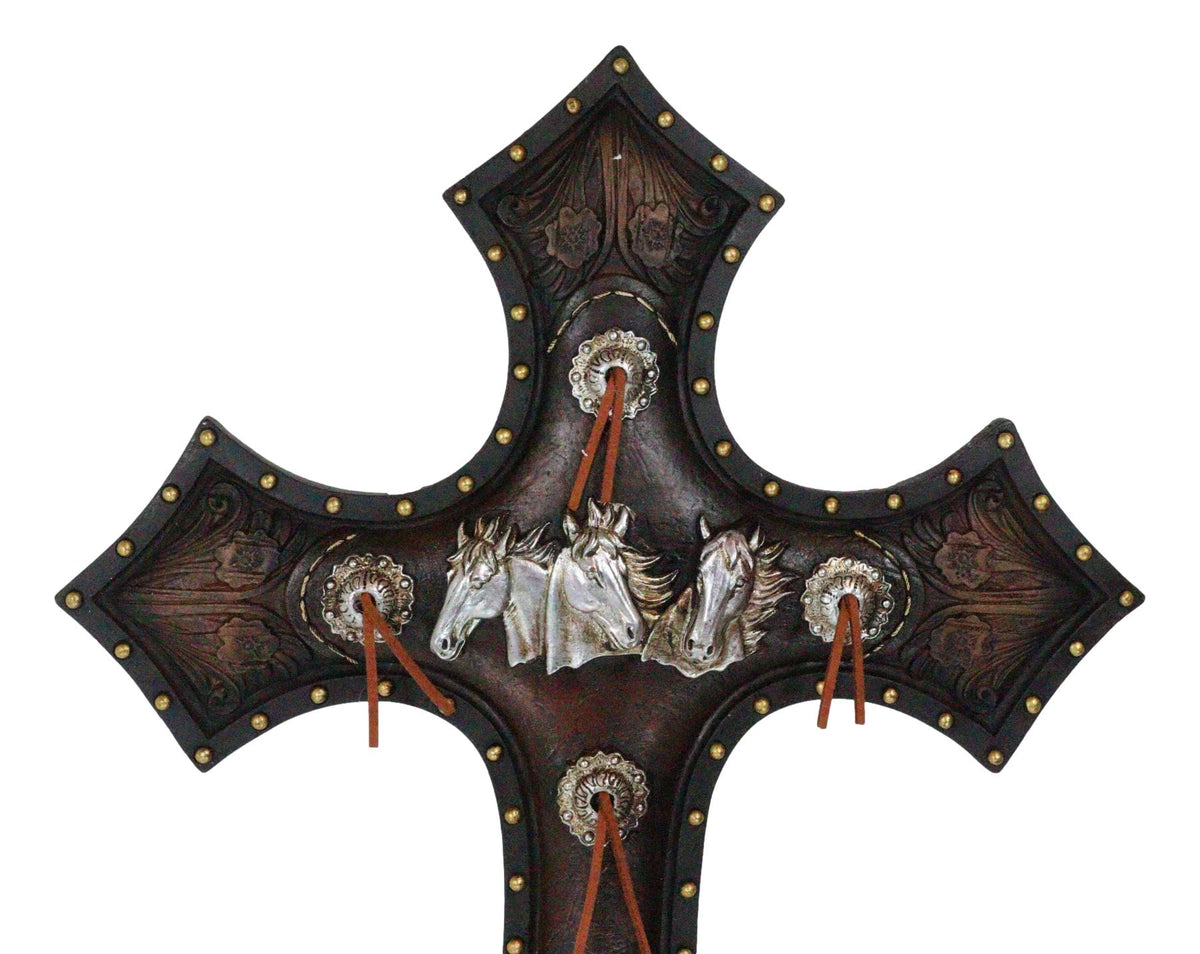 Rustic Western Triple Silver Mustang Horses Faux Tooled Leather Wall Cross 19"H
