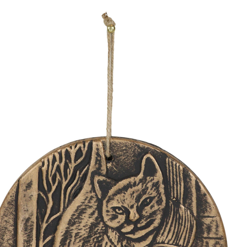 A Brush with Magick Feline Cat With Broomstick Terracotta Medallion Wall Decor