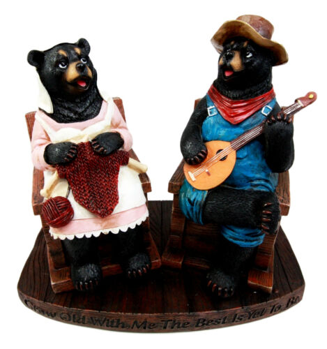 Ebros Gift Large Country Folk Bluegrass Honey Bear Couple Figurine 8.5" H Grow Old with Me Cottage Bears Playing Banjo & Knitting Yarn Decorative Sculpture