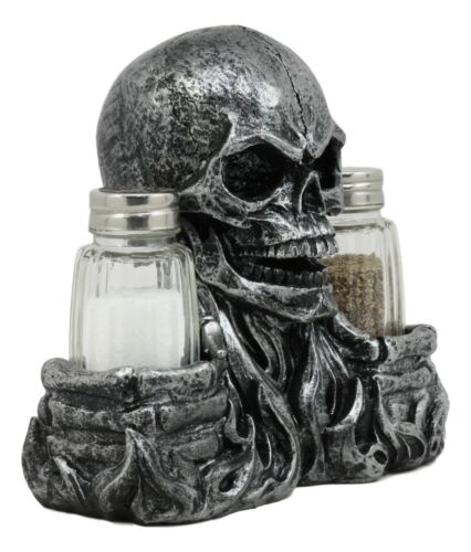 Ebros Gothic Day Of The Dead Grinning Skull Salt And Pepper Shakers Holder Figurine Set 6.25" Long Fantasy Kitchen Decor Statue