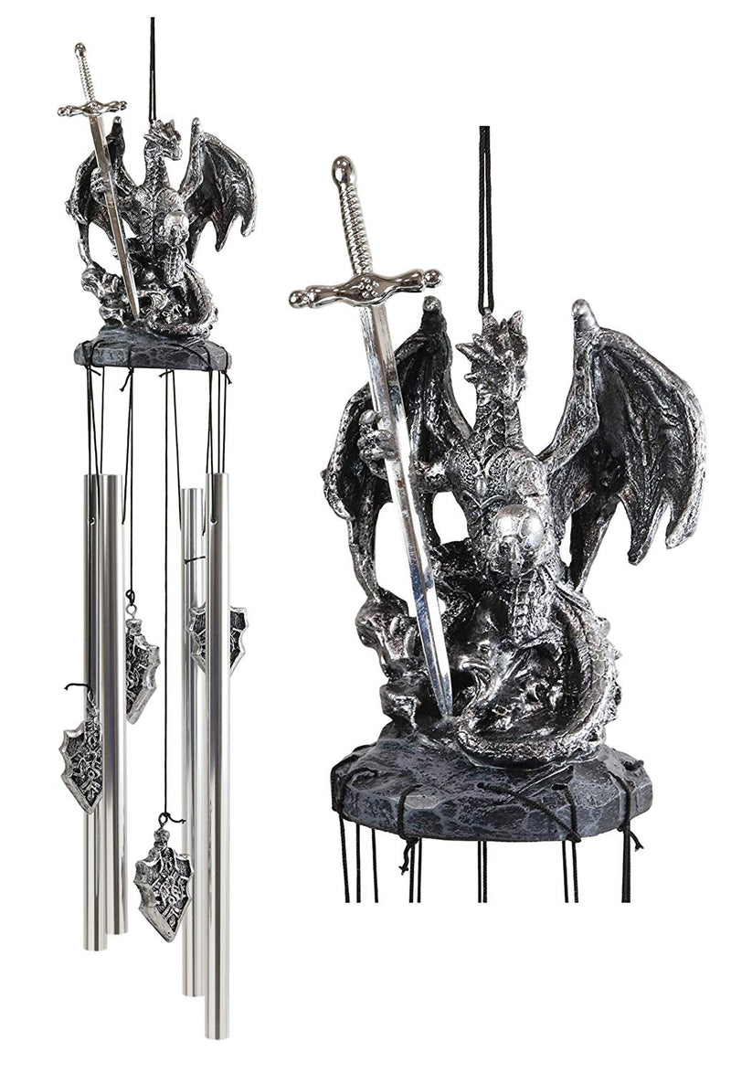 Ebros Gift Medieval Silver Dragon Holding Excalibur Sword and Orb Figurine Crown Top Resonant Wind Chime Garden Patio Home Fantasy Dungeons and Dragons Accent Decor