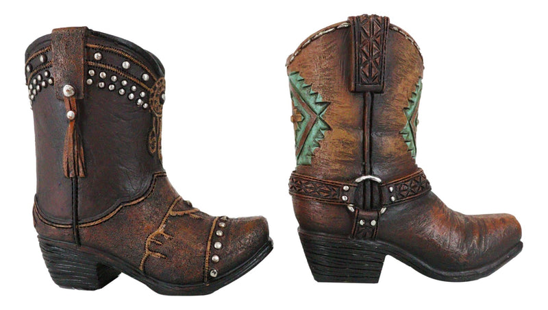 Set of 2 Western Cowboy Turquoise & Dreamcatcher Boots Make Up Tools Pen Holder