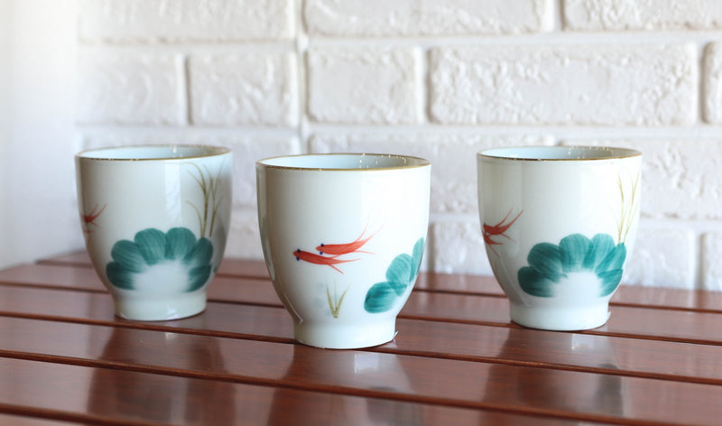 Pack Of 4 Feng Shui Zen Lily Pond With Koi Fishes Pair Ceramic Tea Cups Teacups