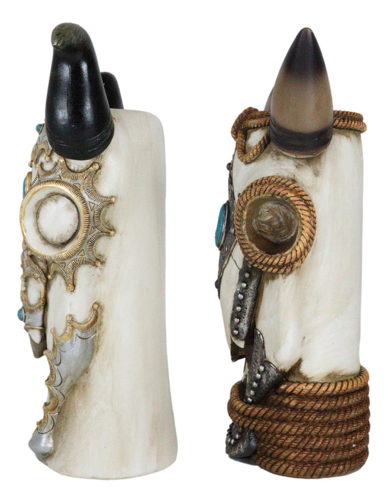 Set Of 2 Southwest Cow Skull With Turquoise Rocks And Braided Ropes Floral Vases