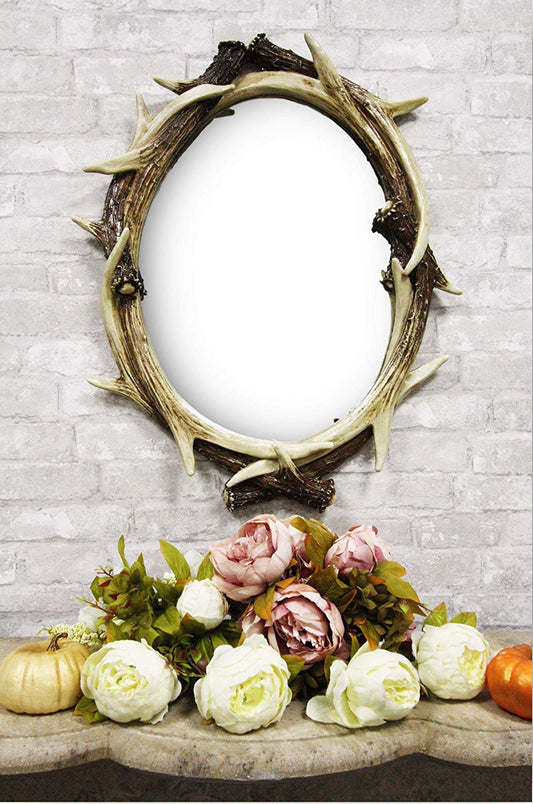 27"H Western Rustic Hunters Stag Deer Antlers Rack Oval Wall Mirror Decor Plaque - Ebros Gift