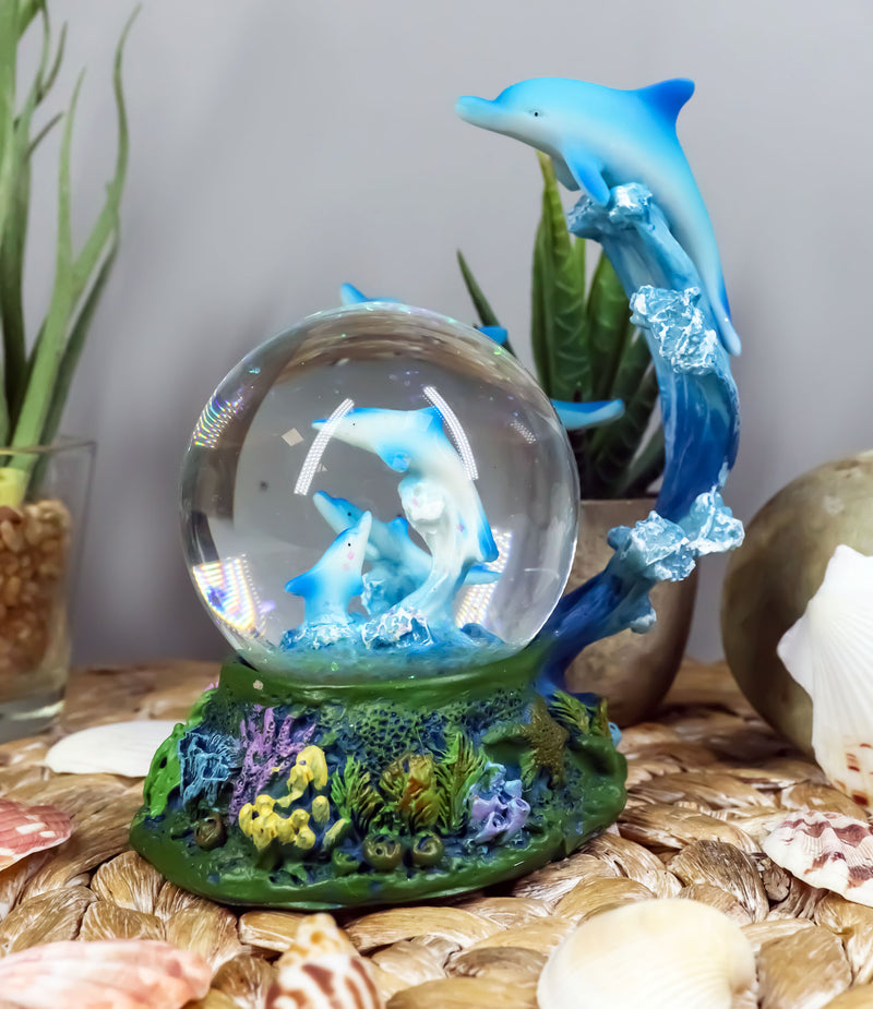 Nautical Marine Dolphin Family Rising With Waves Snow Water Globe Figurine Decor