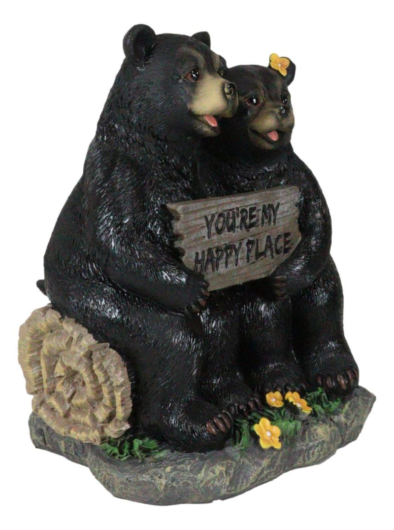 Whimsical Black Bears Couple On Tree Log You're My Happy Place Sign Figurine