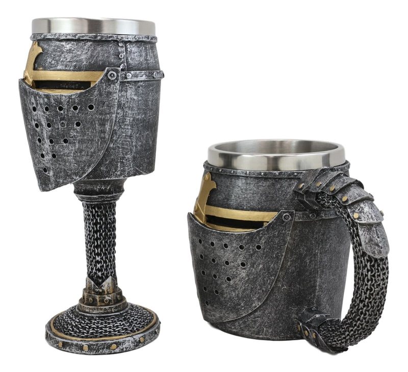 Ebros Medieval Knight Suit of Armor Helm Drinkware Set of 2 Wine Goblet And Mug