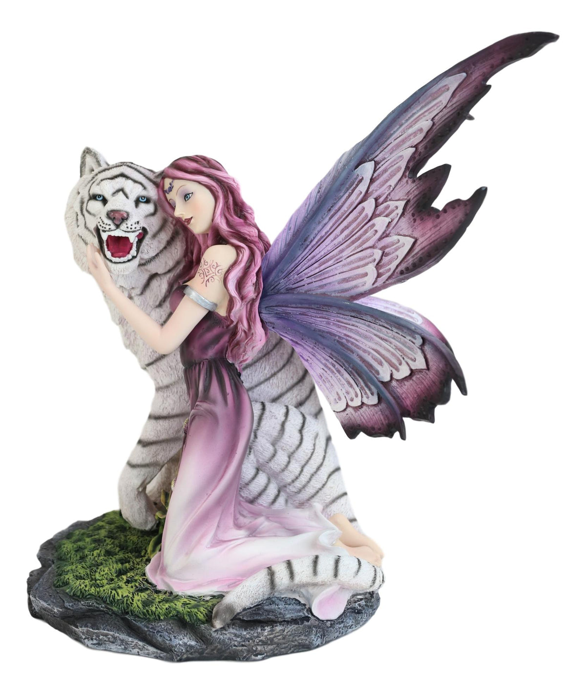 Large Lavender Fairy Embracing Siberian White Tiger Statue Fantasy Home Decor