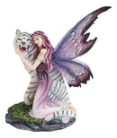 Large Lavender Fairy Embracing Siberian White Tiger Statue Fantasy Home Decor