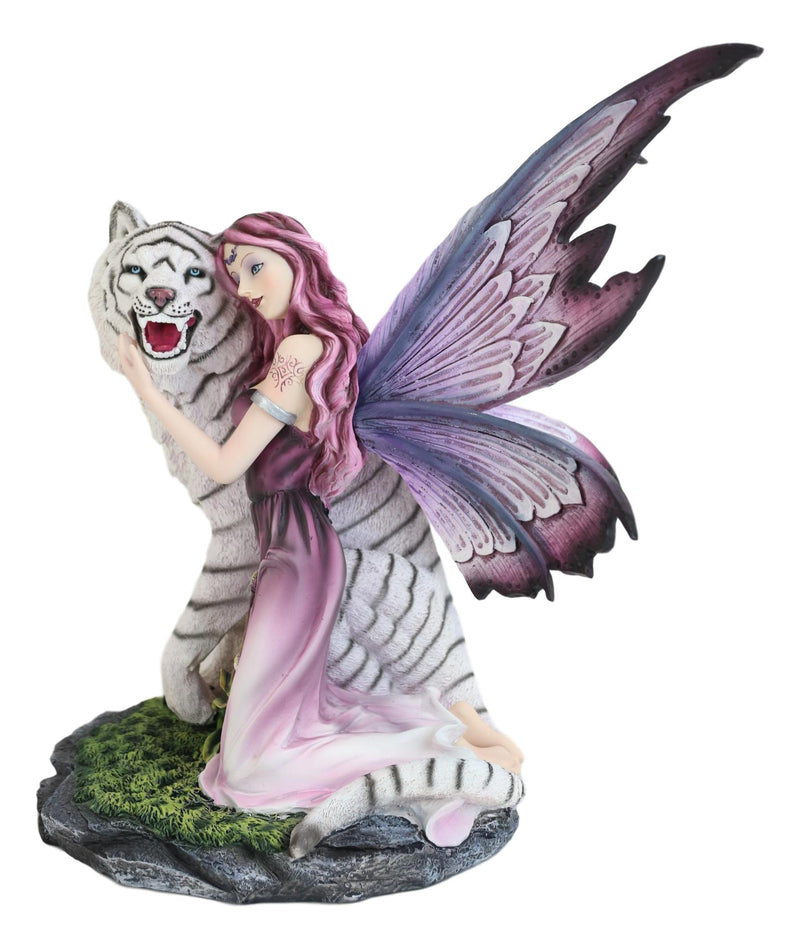 Large Lavender Fairy Embracing Siberian White Tiger Statue Fantasy Home Decor