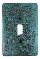 Set of 2 Western Tooled Floral Turquoise Wall Single Toggle Switch Plates