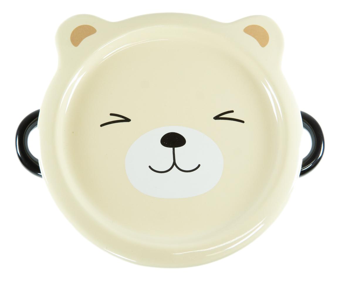 Pack Of 2 Beige Kuma Bear Porcelain Kids Food Bowls 25Oz W/ Condiment Lid Plate