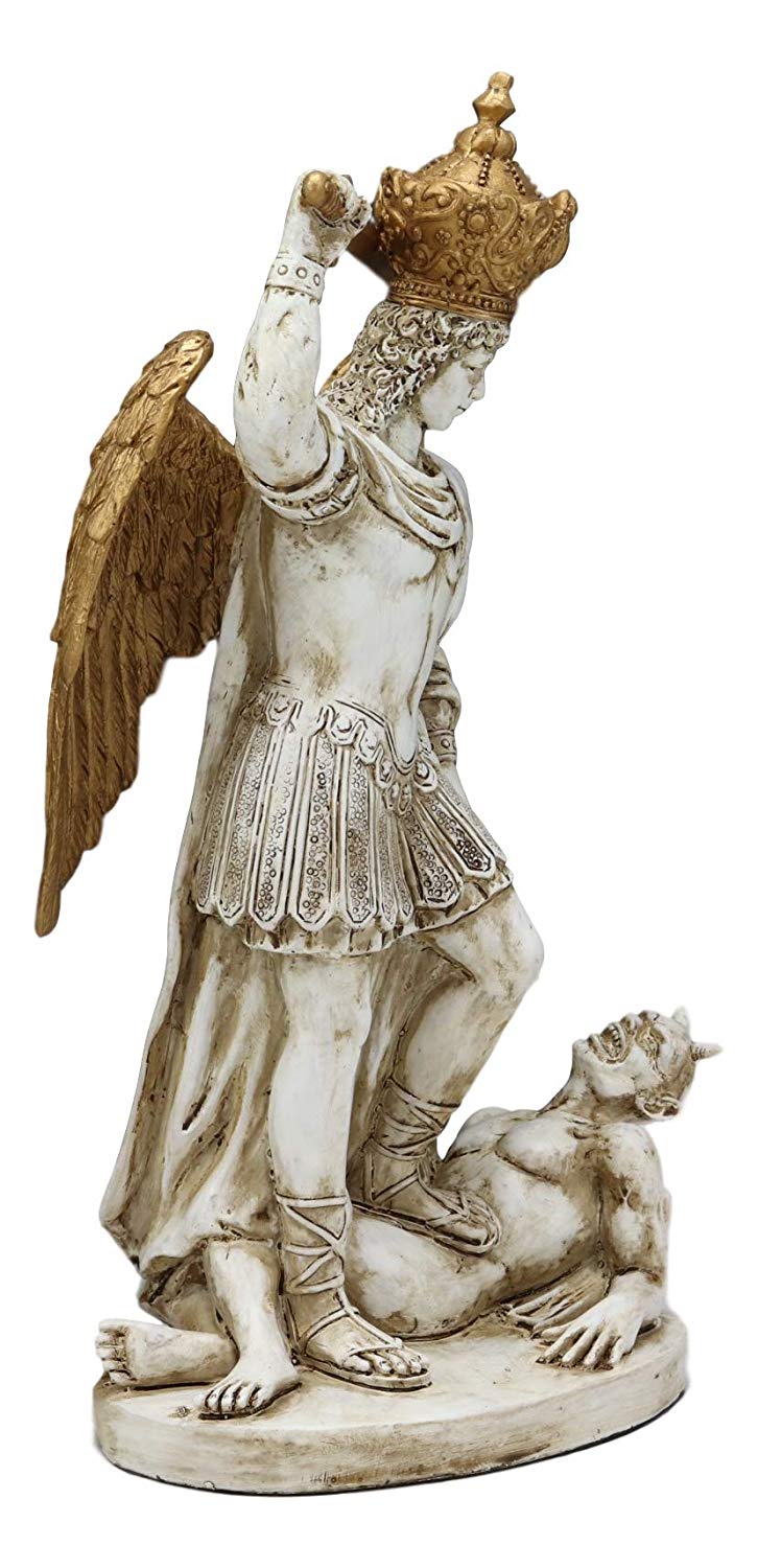 Ebros Catholic Sanctuary of Monte Sant'Angelo sul Gargano Crowned Saint Michael The Archangel Trampling Lucifer Satan Statue Gothic Architecture Decorative Home Religious Altar Figurine