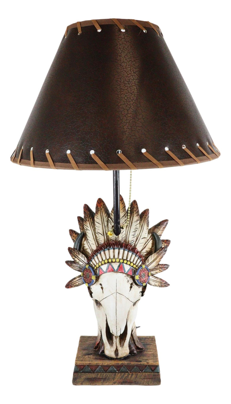 Western Cow Skull with Tribal Indian Chief Feathers Roach Headdress Table Lamp