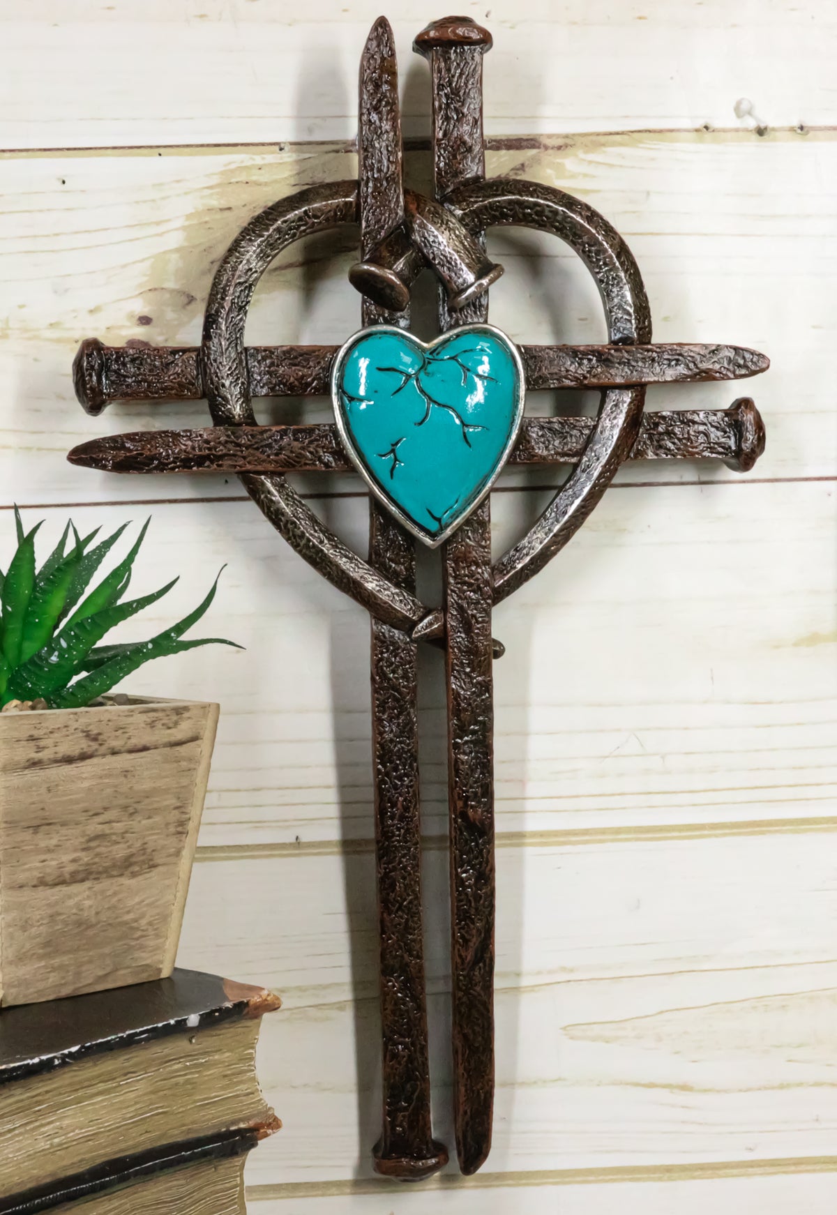 Rustic Western Nail Spikes With Bent Nail Heart And Turquoise Rock Wall Cross