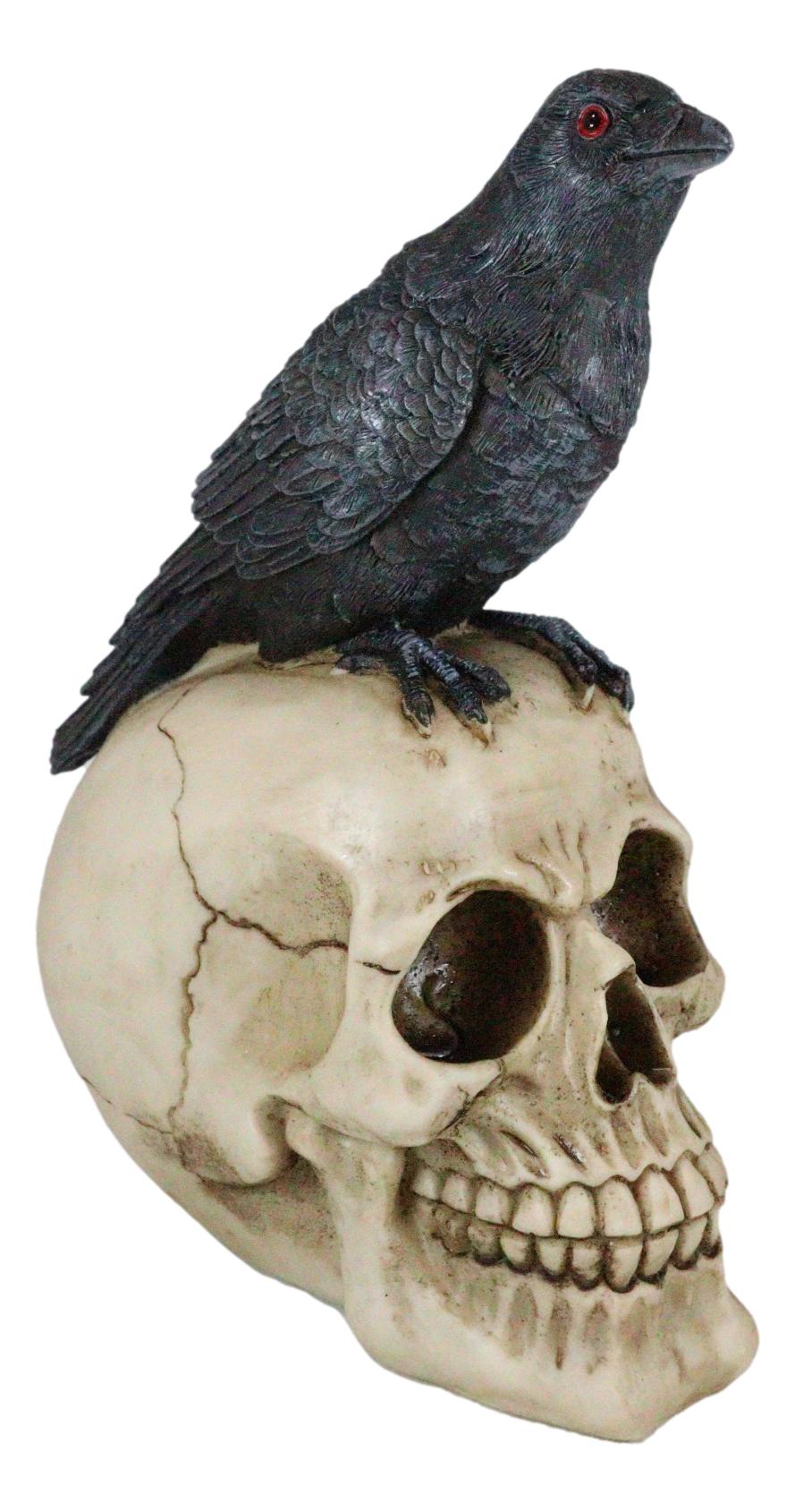 Quoth The Raven Nevermore Black Crow With Red Eyes On Macabre Skull Figurine - Ebros Gift