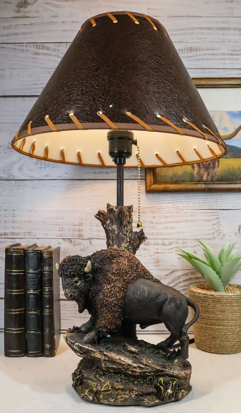 Western Plains Bison Buffalo On Sloped Rocks By Tree Stump Desktop Table Lamp