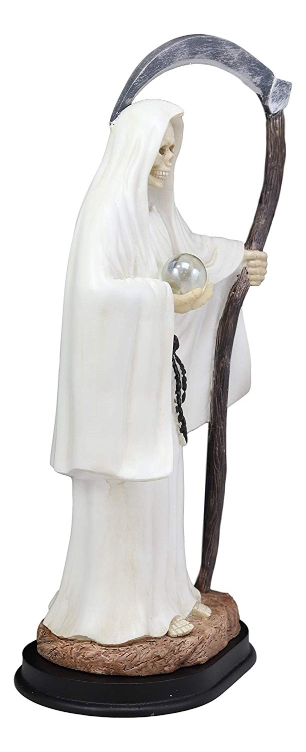 12.75" Tall Holy Death Santa Muerte Holding Scythe In White Tunic Robe Statue