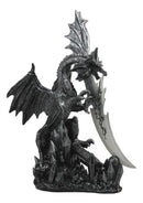 Large Dreamwork Fantasy Obsidian Dragon Statue With Fire Dagger Letter Opener