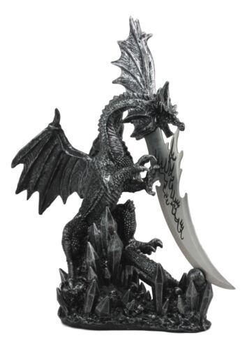 Large Dreamwork Fantasy Obsidian Dragon Statue With Fire Dagger Letter Opener