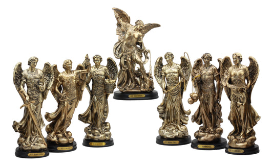 Ebros Archangel Statue 8" Tall with Brass Name Plate Wooden Base (Set of 7)