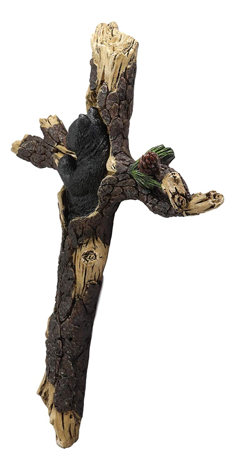 Ebros Gift 14.25" H Rustic Black Bear Cub Sleeping On Pine Tree Wall Cross Decor - Ebros Gift
