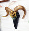 Rustic Black Ram Skull With Golden Horns And Tulip Flowers Wall Trophy Decor