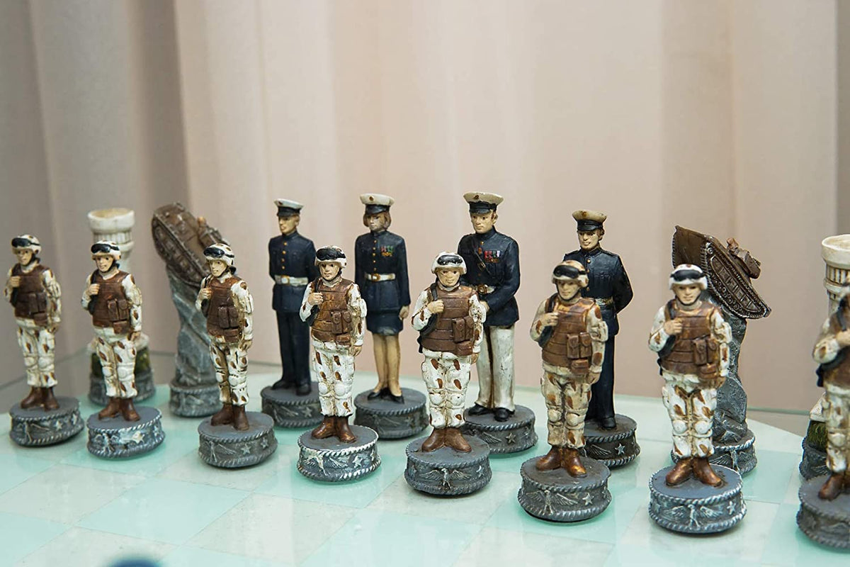 Ebros American Military Branches US Air Force VS Marine Corps Chess Set W/ Glass