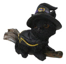 Halloween Black Cat with Witch Hat & Cape Flying On Magical Broomstick Figurine