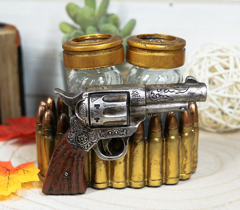 Western Cowboy Revolver Pistol With Ammo Bullets Salt And Pepper Shaker Set