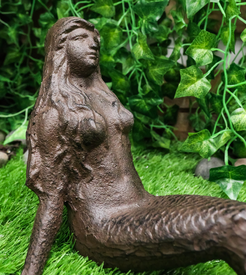 Ebros Gift 16.25" Long Nautical Siren Mermaid Leaning Back Cast Iron Rustic Vintage Finish Shelf Sitter Statue Ocean Goddess Princess Coastal Beach Under The Sea Mermaids Decorative Accent