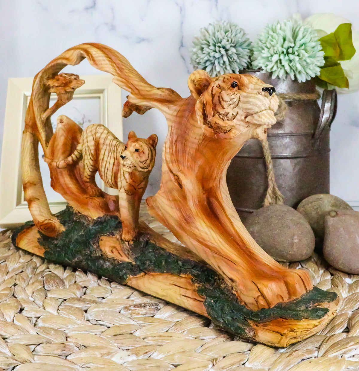 Ebros Crouching Bengal Tiger Statue 12"Long Faux Wood Resin Carving Decor