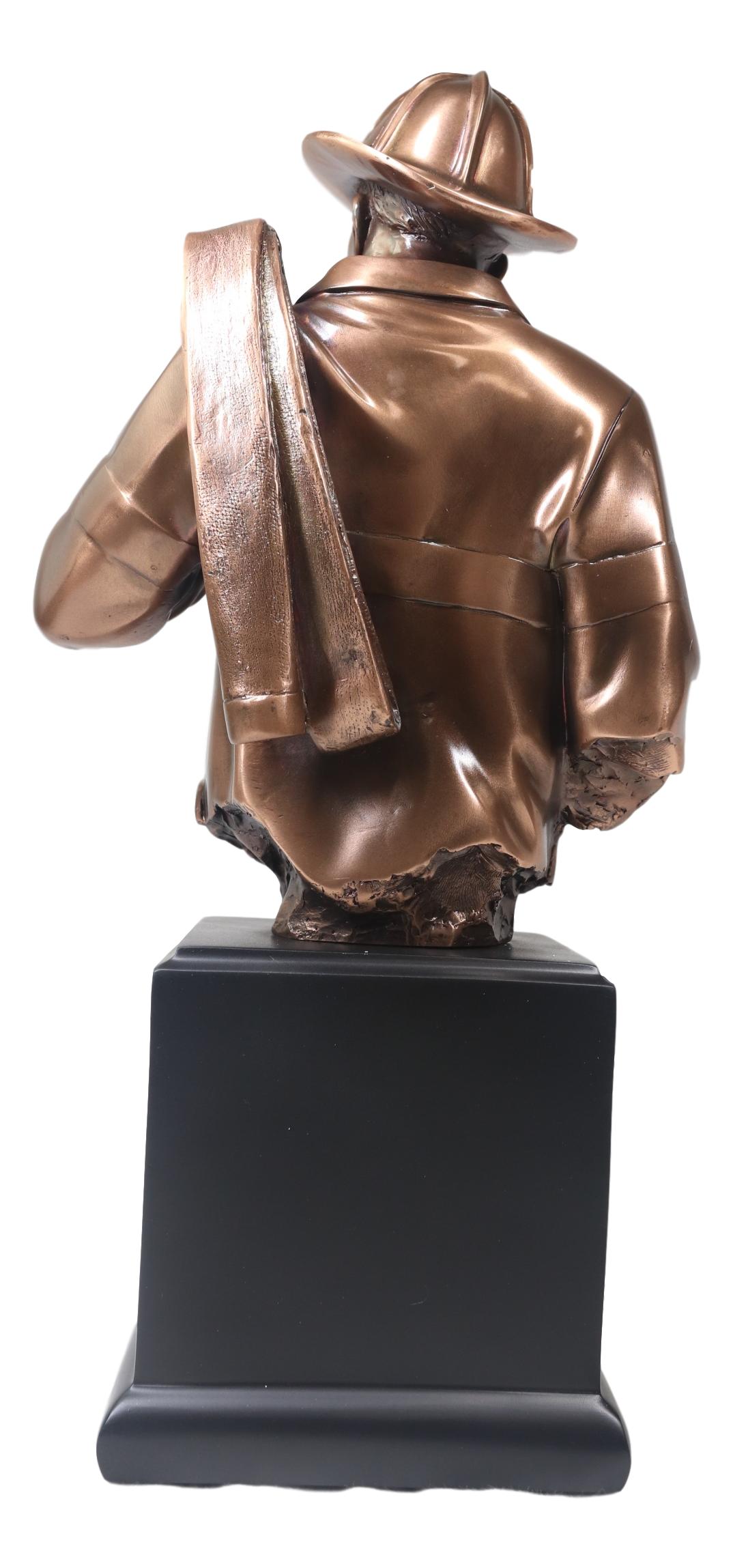 Fireman Carrying Fire Fighter Hose Reel Portrait Bust On Trophy Base Statue - Ebros Gift
