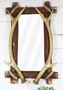 Western Rustic Stag Deer Antlers Rack On Wooden Logs Wall Mirror Plaque 22'H