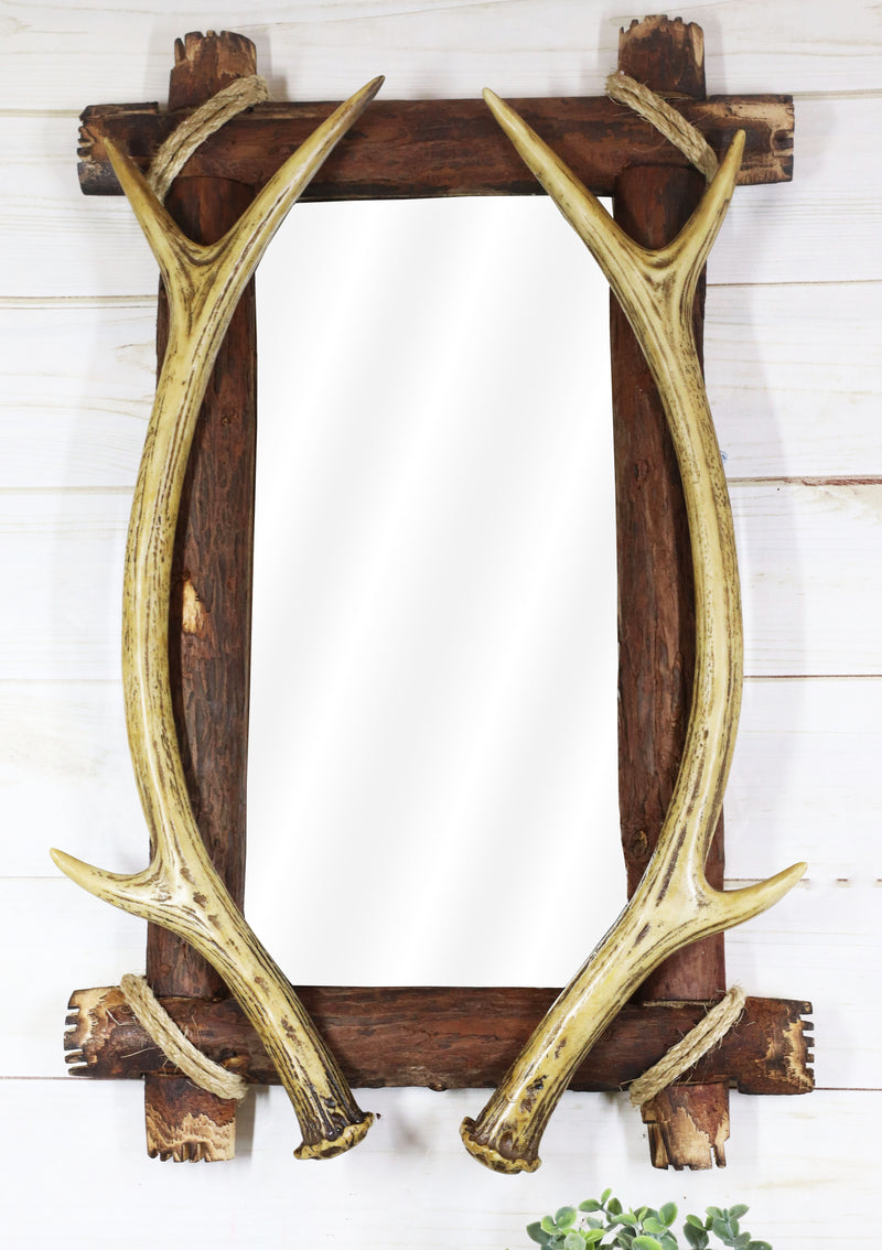 Western Rustic Stag Deer Antlers Rack On Wooden Logs Wall Mirror Plaque 22'H