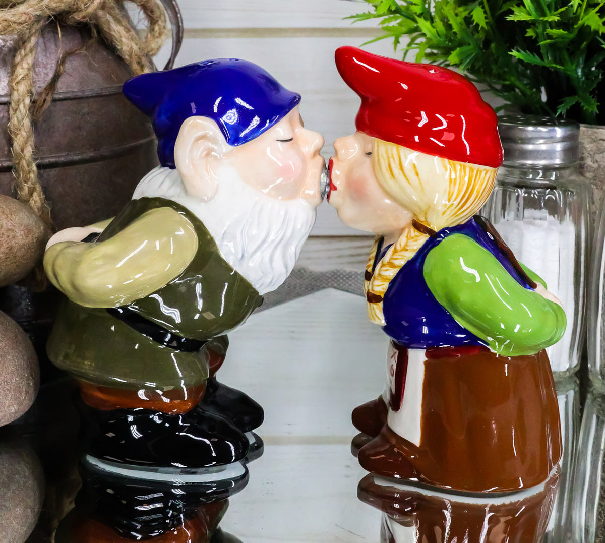 Kissing Mr & Mrs Gnome Couple Magnetic Salt Pepper Shakers Ceramic Figurine Set - Ebros Gift