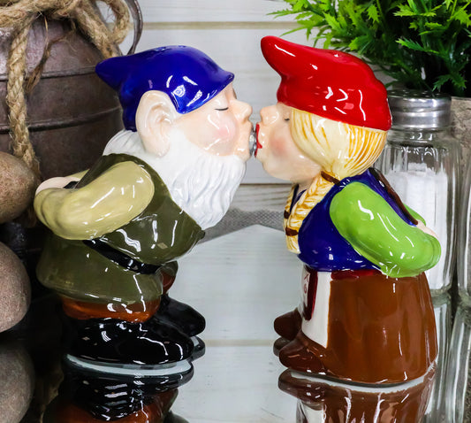 Kissing Mr & Mrs Gnome Couple Magnetic Salt Pepper Shakers Ceramic Figurine Set - Ebros Gift
