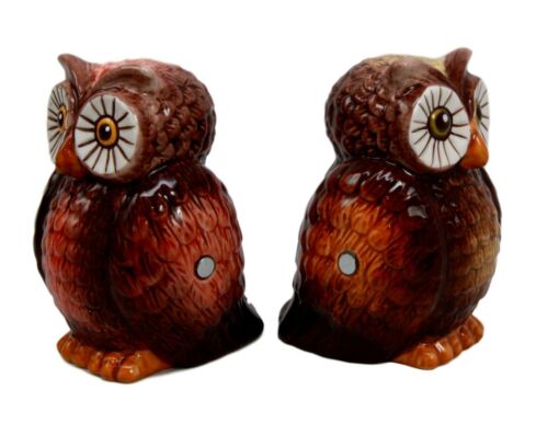 Nocturnal Tropical Great Horned Owl Couple Ceramic Salt Pepper Shakers Figurines