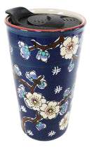 Blue Midnight Cherry Blossoms Ceramic Travel Mug Cup 12oz With Lid Hot Or Cold