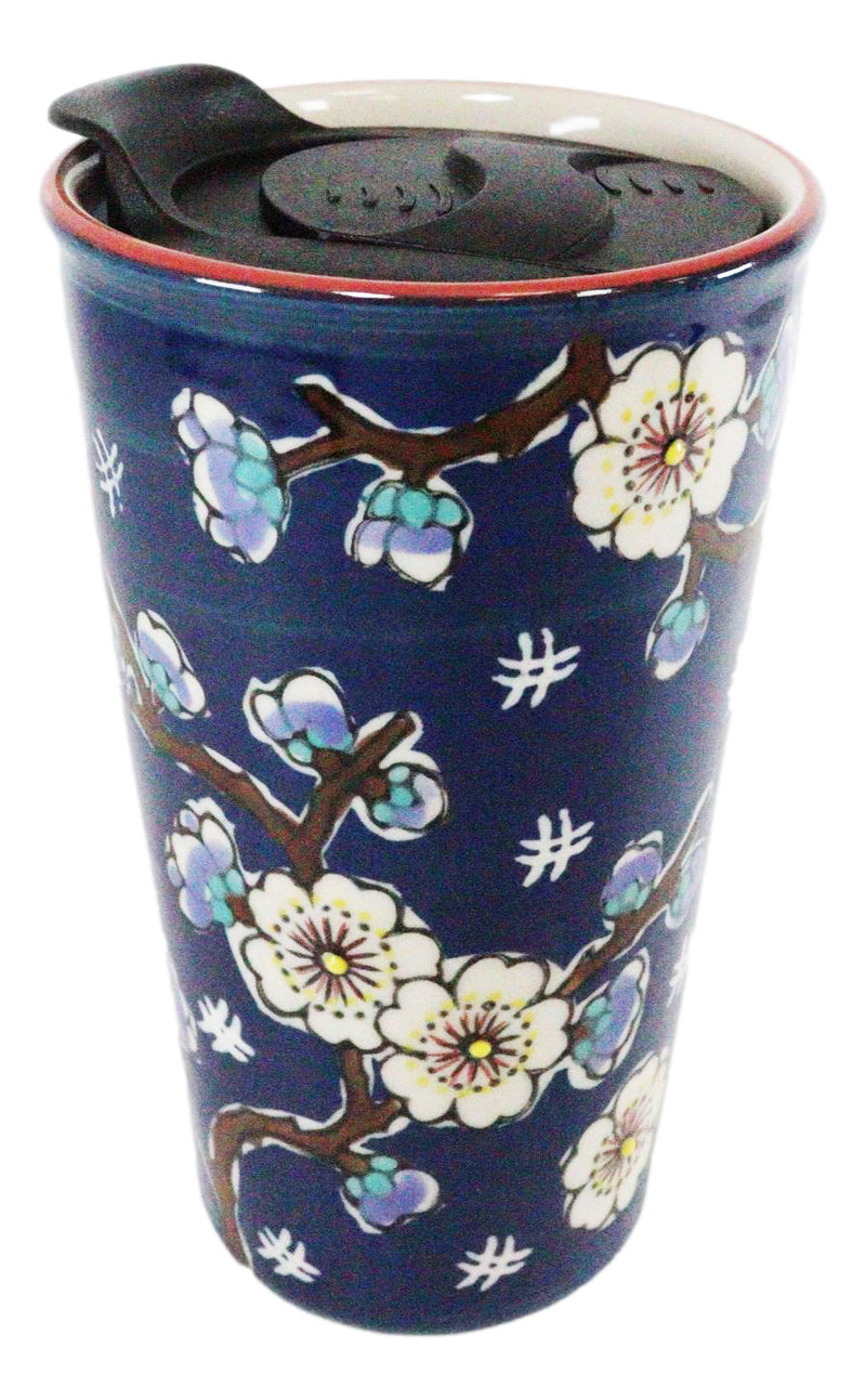 Blue Midnight Cherry Blossoms Ceramic Travel Mug Cup 12oz With Lid Hot Or Cold