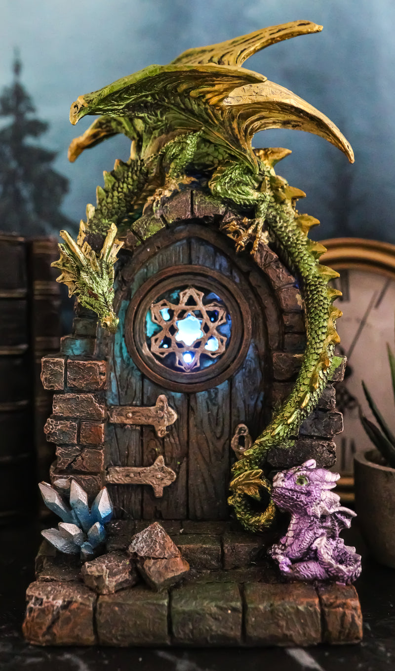 Fantasy Green Dragon With Wyrmling Perching On Door Arch LED Light Figurine