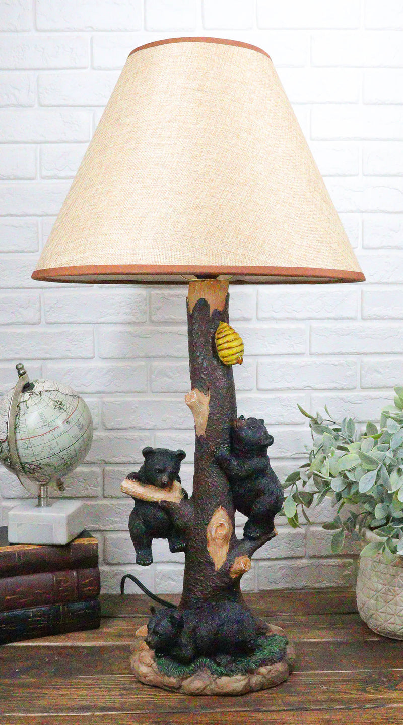 Rustic Forest Climbing 3 Black Bear Cubs On Tree Getting Beehive Table Lamp