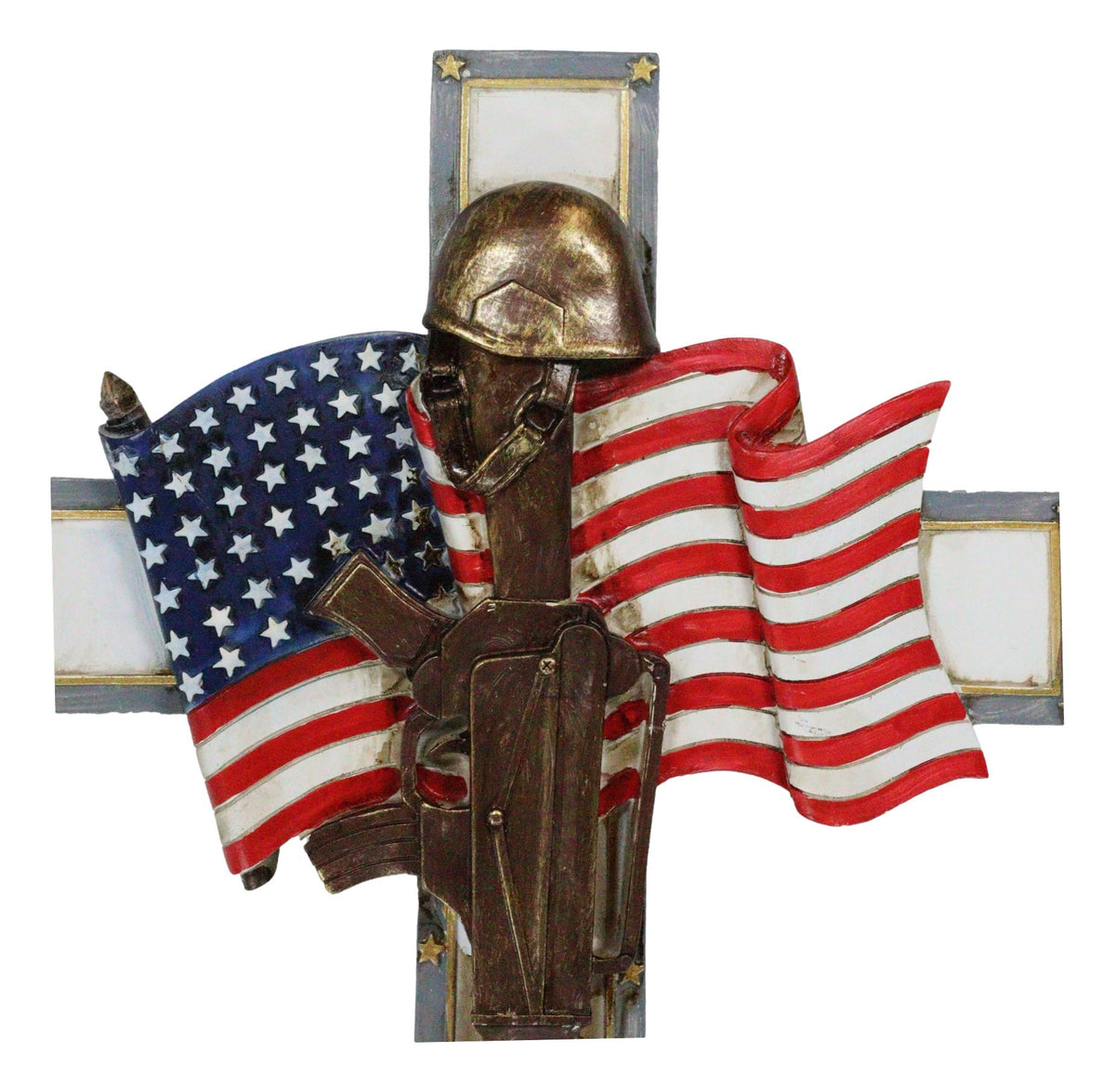 Patriotic USA Flag Fallen Soldier Helmet Rifle and Tactical Boots Wall Cross
