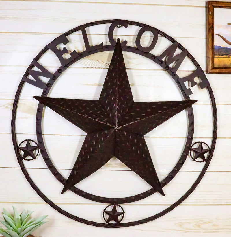 24"D Rustic Western Lone Star Welcome Metal Circle Wall Plaque Gate Sign