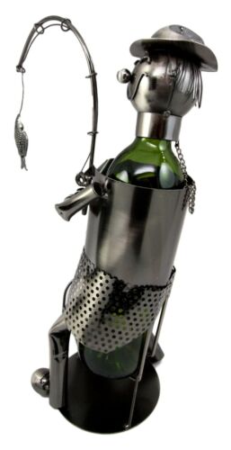 Ebros Camper Fishing Fisherman Catching Fish Hand Made Metal Wine Bottle Holder