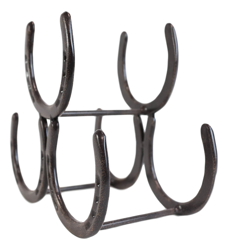 Large Cast Iron Rustic Farmhouse Stacked Horseshoes 3 Bottles Wine Holder Racks